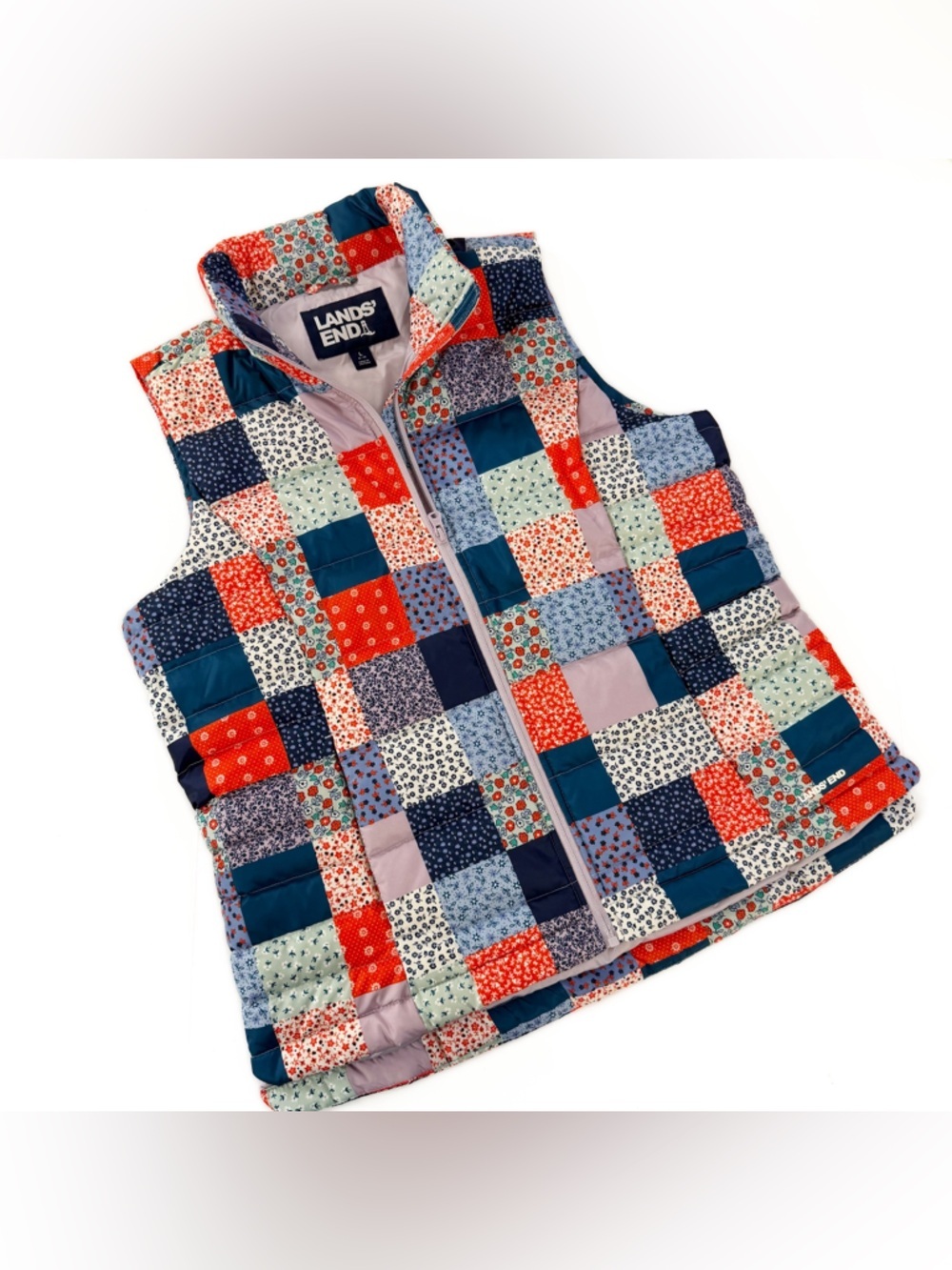 Lands End Vest Jacket Womens Large Goose Down Floral Patchwork Boho